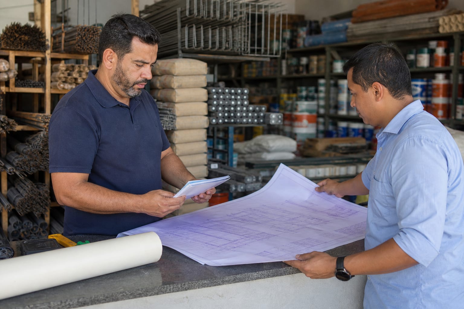 Vendedor e engenheiro conferindo cotação no balcão de um depósito de material de construção
